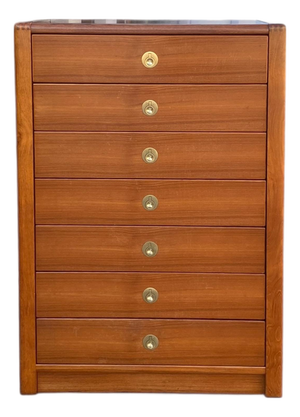D-Scan Captain Line Teak Seven-Drawer Tallboy Dresser, Mid-Century Modern, Mid-Century, Brass