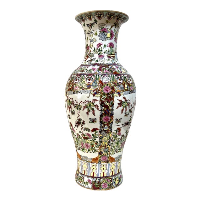 1940’s Vintage Tall Famille Rose Chinese Porcelain Decorative Baluster Vase For Sale