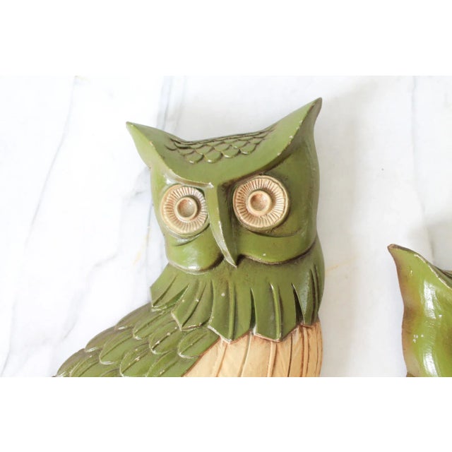 Pair of mid-century metal owl wall hangings. Made by Sexton. Dated 1969. Ready to hang. Some age wear to painted finish....