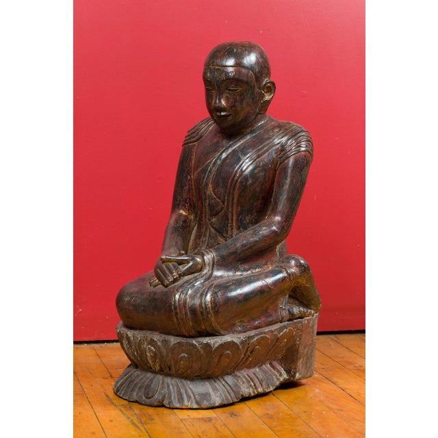 18th Century 18th Century Thai Hand Carved Lacquered Wood Sculpture of a Seated Monk For Sale - Image 5 of 13