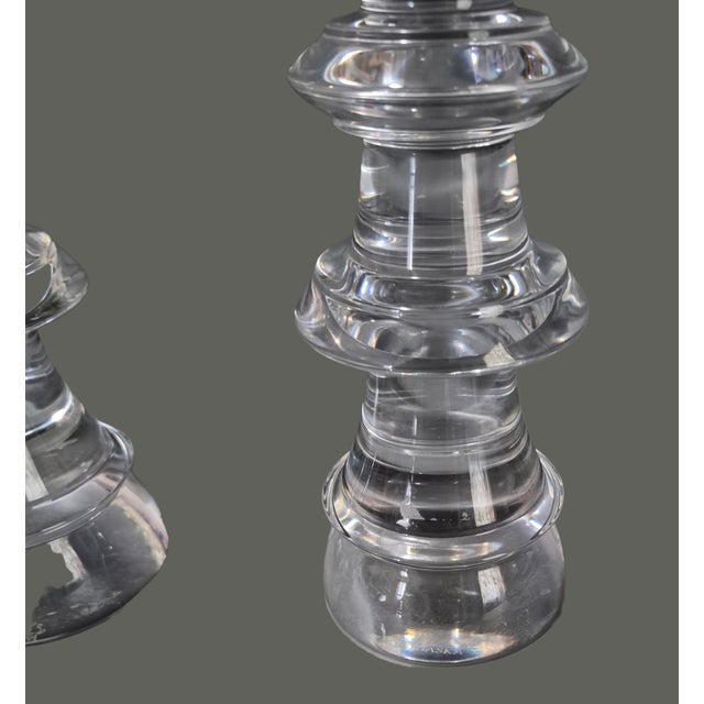 Vintage Elegant Pair Crystal Candlesticks Stacked Geometric Tower Design Marked For Sale - Image 4 of 8
