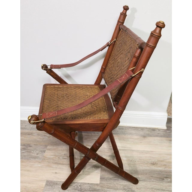 Early 20th Century Pair of British Colonial Campaign Folding Chairs · Faux Bamboo · Original Herringbone Wicker · Brass/Bronze Hardware For Sale - Image 4 of 8