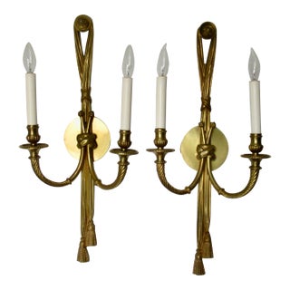 Vintage French 19th. Century Louis XVI Style Bronze Twin-Arm, Rope & Tassel Ormolu Wall Lighted Sconces -Pair For Sale