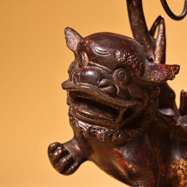 1960s Pair of Antique Chinese Gilt Bronze Foo Dog Candle Holders With Ring Handles For Sale - Image 5 of 10