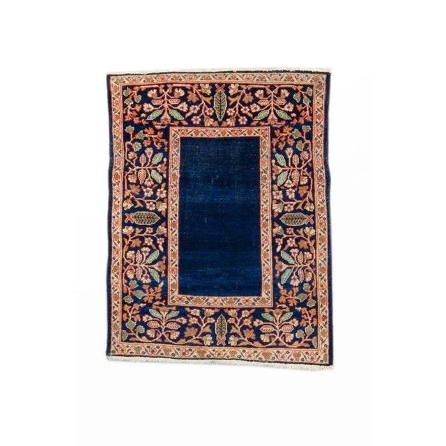1920s Antique Small Geometric Floral Denim Blue & Beige Accent Rug - 3’1” x 4’ For Sale - Image 10 of 10