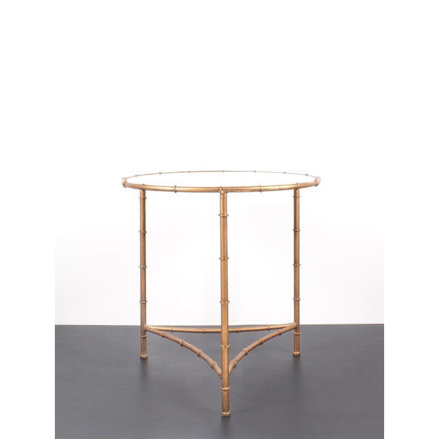 Mid-Century Modern Vintage French Pedestal Table in Gilded Metal with Imitation Bamboo Finish and Glass Top For Sale - Image 3 of 9