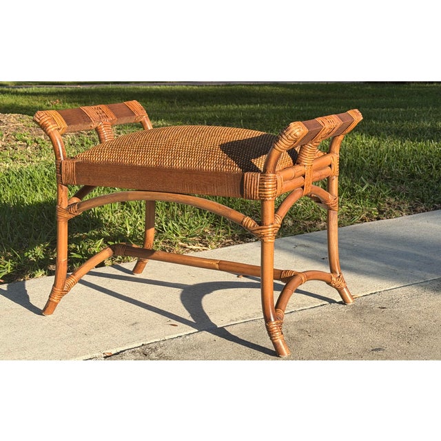 Vintage Palm Beach Woven Rattan and Wood Foot Stool For Sale In Naples, FL - Image 6 of 12