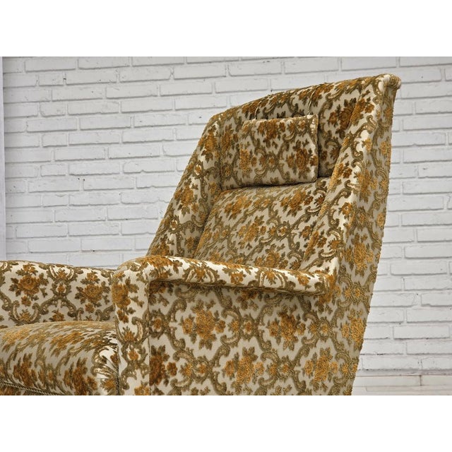 Danish Highback Armchair in Brown/Beige Furniture Fabric and Teak Wood, 1970s For Sale - Image 16 of 17