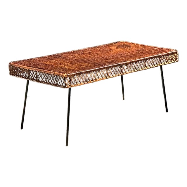 Vintage Woven Rattan and Metal Coffee Table For Sale