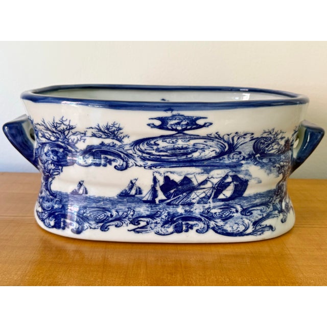1980s Nautical Blue and White Transferware Foot Bath Planter For Sale - Image 11 of 11