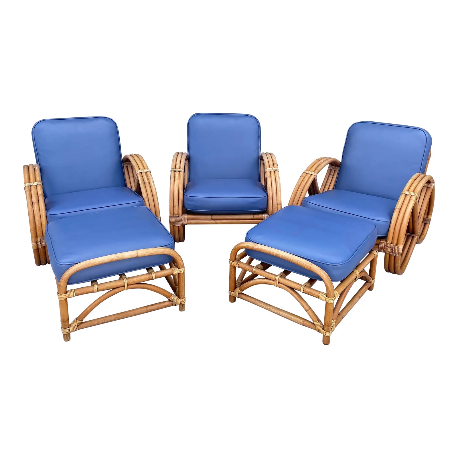 1950s MidCentury Modern Ritts Rattan Chairs and Ottomans Set of 5