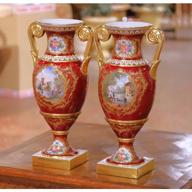Pair of 19th Century French Neoclassical Hand Painted “Porcelaine De Paris” Urns For Sale In Dallas - Image 6 of 14