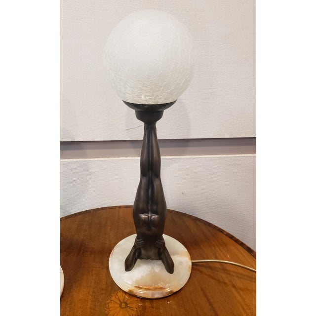 Brown Art Deco Style Table Lamps Reversed Nude With Globe, Pair For Sale - Image 8 of 11