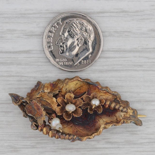 Late 19th Century Antique Pearl Floral Leaf Brooch Pendant 14k Yellow Gold 1860s Pin For Sale - Image 5 of 6
