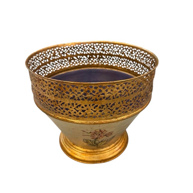 Vintage Hand-Painted Toleware Cache-Pot With Gilt Reticulated Gallery For Sale - Image 4 of 11