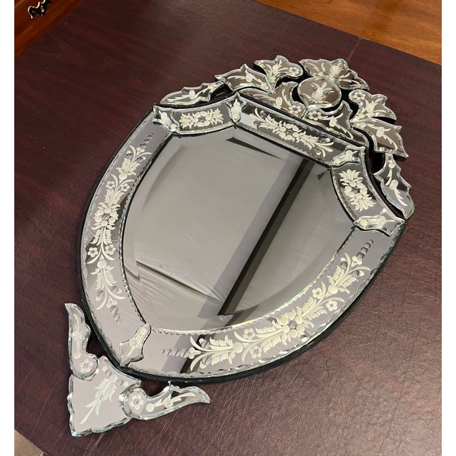 Mid 20th Century Mid 20th Century Venetian-Style Etched Glass Mirror With Beveled Crest For Sale - Image 5 of 8
