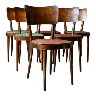 Art Deco Bistro Chairs in Beech and Multi-Colored Leatherette from Baumann, 1955, Set of 6 For Sale