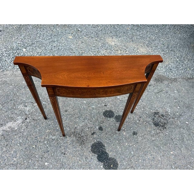 Vintage Hepplewhite Style Mahogany and Burled Wood Inlaid Console Table For Sale - Image 4 of 17