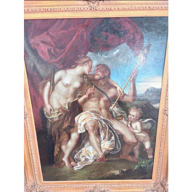 Large hand-painted oil painting after François Lemoyne’s celebrated Hercules and Omphale, originally painted in 1724. The...
