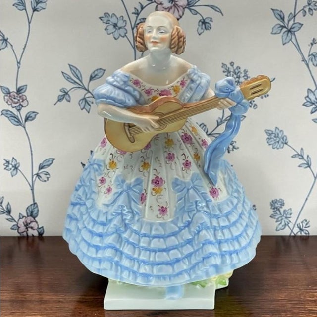 Herend Deryne (Mrs. Dery) Large 14” Porcelain Figure: Woman With Guitar/Mandolin (Blue Gown, Floral Motifs) Ligeti Early Mark, Vintage #5753 For Sale - Image 18 of 18