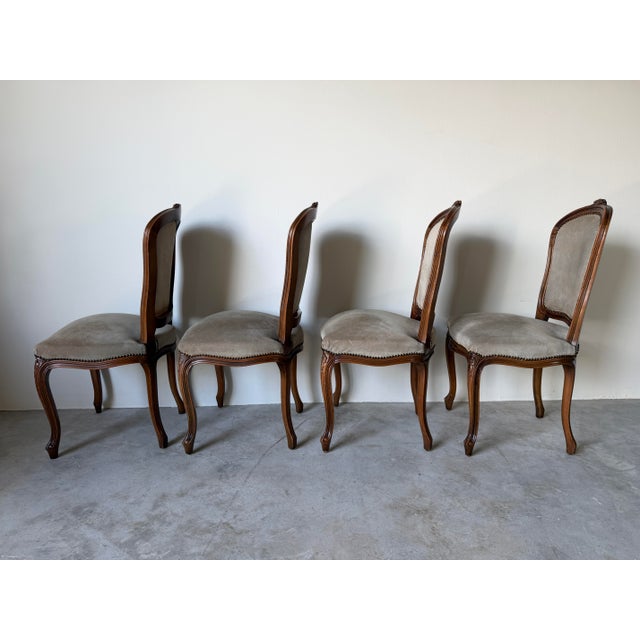 Brown 1970s Italian French Provincial Louis XV-Style Carved Wood & Suede Dining Chairs – Set of 4 For Sale - Image 8 of 12