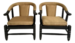 Pair of James Mont Style Chinese Horseshoe Upholstered Chairs