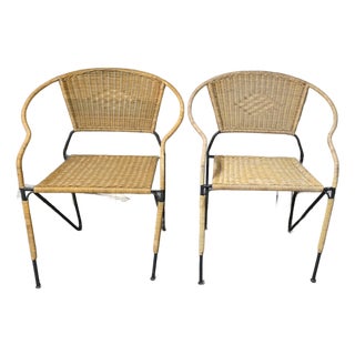 Mid Century Modern Wrought Iron & Wicker Chairs a Pair For Sale