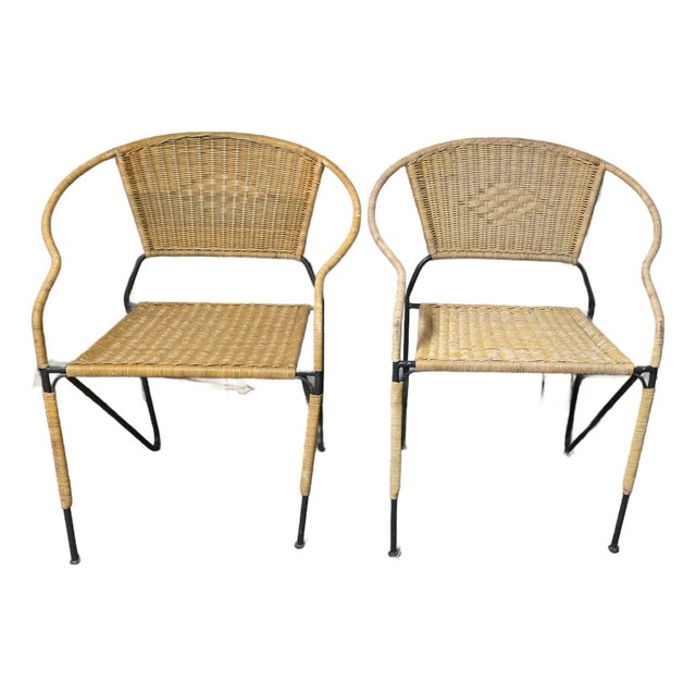 Mid Century Modern Wrought Iron & Wicker Chairs a Pair For Sale