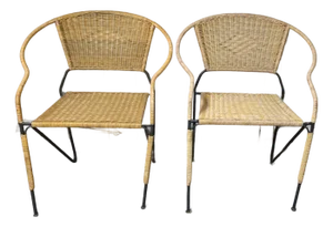 Mid Century Modern Wrought Iron & Wicker Chairs a Pair