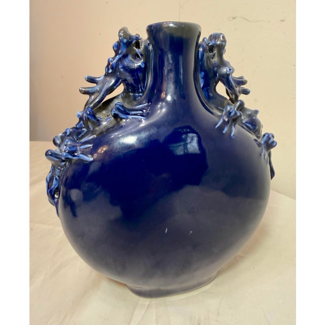 Vintage Handmade Chinese Cobalt Blue Moon Dragon Porcelain Pottery Figural Vase For Sale - Image 10 of 10