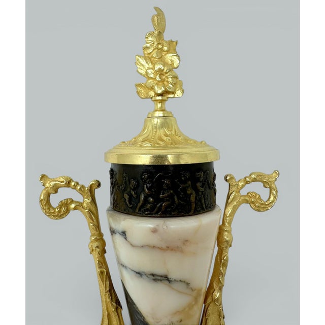 Stunning Example of a pair of French Ormolu mounted well veined Sienna Marble Twin Handle Grand Tour Style Urns or...