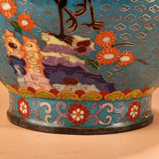 1900 - 1909 Monumental Chinese Cloisonné "Deer & Crane" Vase With Bronze Deer Handles - 13.7 LBS For Sale - Image 5 of 9