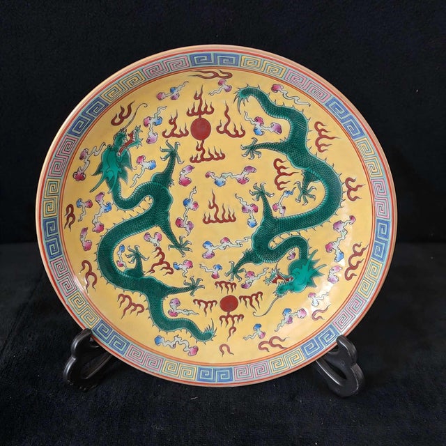 Art Deco Chinese Ceramic Plate,Qianlong Marked Yellow Ground Famille Rose Porcelain Plate Hand Painted Double Dragon Pattern For Sale - Image 3 of 10