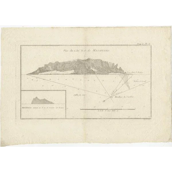 Antique map titled 'Vue de Cote N.O. de Masafuero'. Profile view of the north-west coast of Masafuera Island (also called...