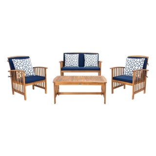 Rocklin 4-Piece Outdoor Set, Natural/Navy Cushion With Blue & White Mosaic Pillows For Sale