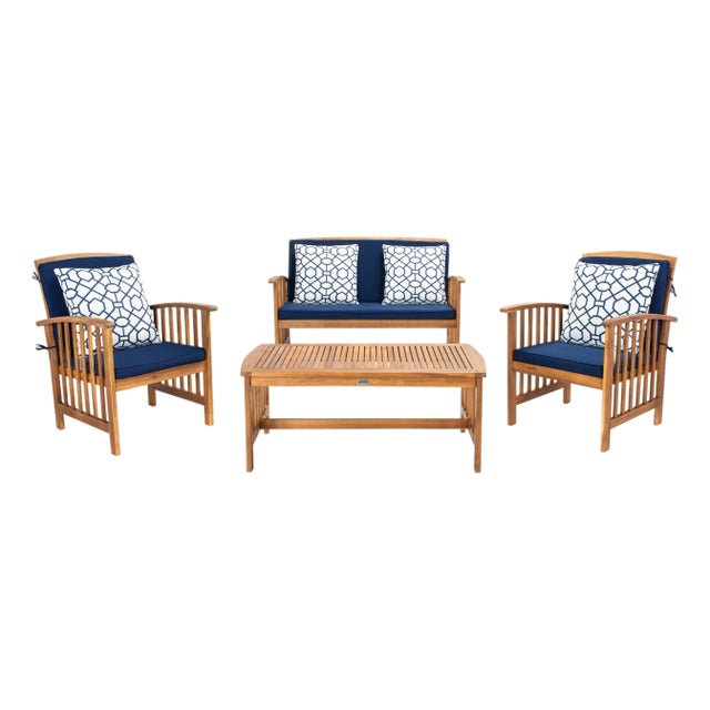 Rocklin 4-Piece Outdoor Set, Natural/Navy Cushion With Blue & White Mosaic Pillows For Sale