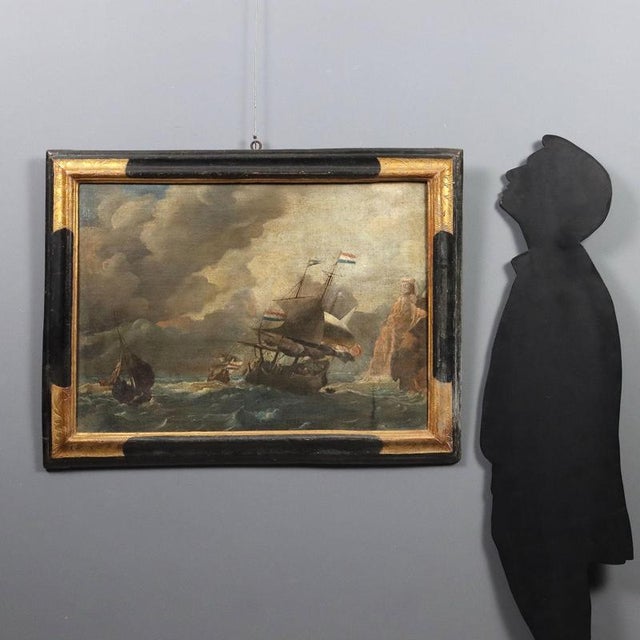 Oil on canvas. Dutch School, 18th century. In this dramatic scene, three sailing ships are at the mercy of a stormy sea;...