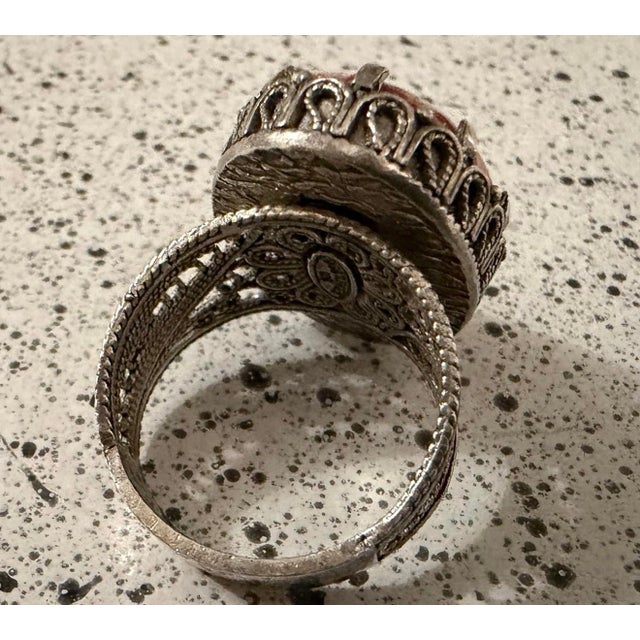 Art Deco 1960s DGS Turkey Sterling Silver Filigree Openwork Ornate Ring Size 10 Rare Signed For Sale - Image 3 of 6