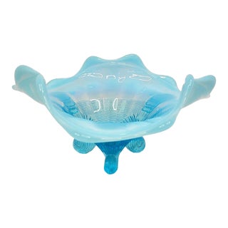 Vintage Northwood Glass Bowl Klondyke Blue Opalescent 3 Footed Scroll Candy Dish For Sale