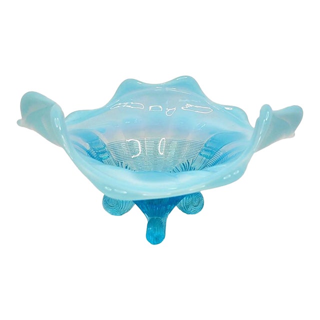 Vintage Northwood Glass Bowl Klondyke Blue Opalescent 3 Footed Scroll Candy Dish For Sale