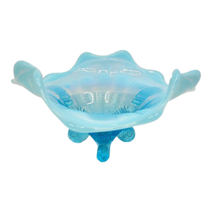Vintage Northwood Glass Bowl Klondyke Blue Opalescent 3 Footed Scroll Candy Dish