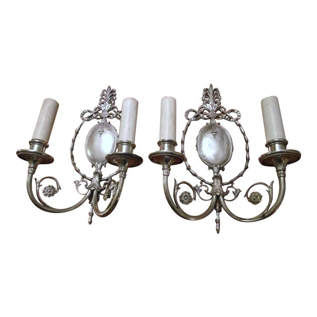 C 1913 E.F.Caldwell Neoclassic Bronze & Silverplate Sconces - A Pair For Sale