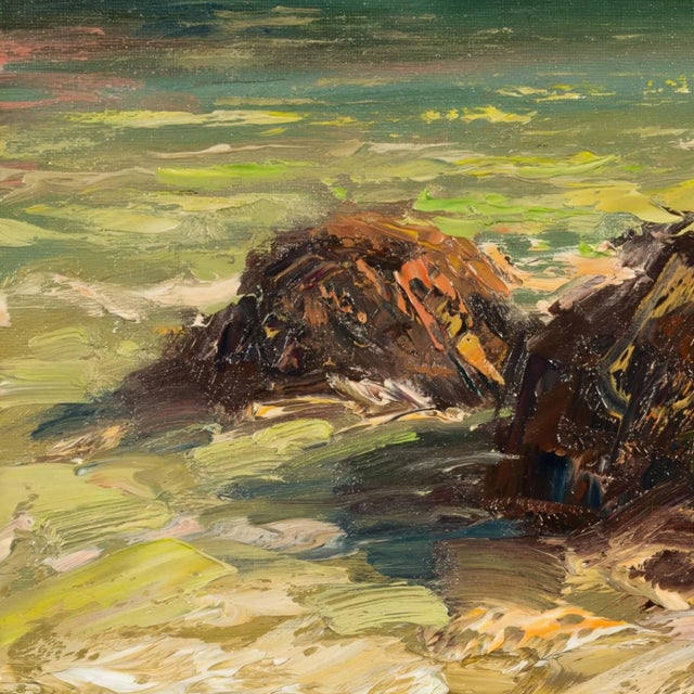 Sesimbra by Sparky LeBold | Oil on canvas Seascape with rocky shoreline and turbulent water For Sale - Image 4 of 5