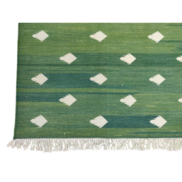 Handmade Cotton Fleur Rug, Forest Green and White Dhurrie - 14'x16' For Sale - Image 6 of 16