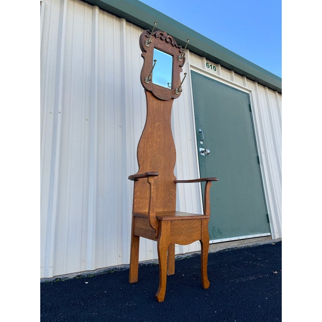 Antique Tall Tiger Oak Hall Seat With Mirror For Sale - Image 4 of 12