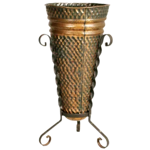 Hand-Embossed Umbrella Stand in Burnished Brass and Wrought Iron, 1940s