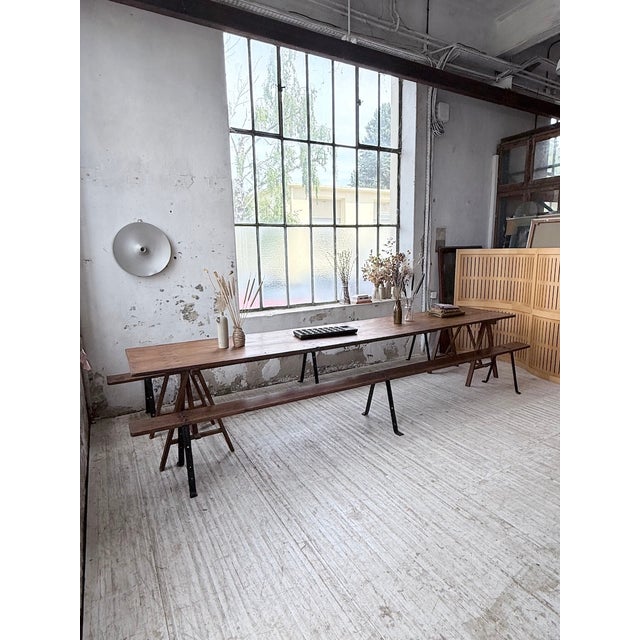 Wood Trestle Farm Table and Benches, 1950s, Set of 3 For Sale - Image 7 of 18