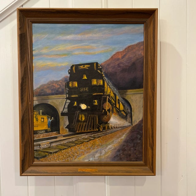 Realist Mountain Landscape With Train Painting by J. Nelson 1971 For Sale - Image 9 of 9
