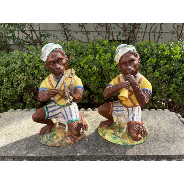 Pair Of Italian Glazed Terracotta Monkeys. Offered is a beautifully detailed pair of Italian Hollywood Regency glazed...