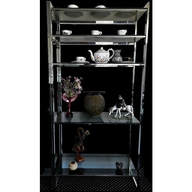 Metal Matched Pair 1970s Chrome & Smoked-Glass Etageres 74″h – Milo Baughman Style – Estate Fresh For Sale - Image 7 of 15